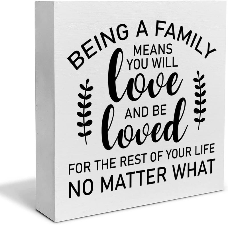 PIXCEOS Family Quote Decorative Wooden Box Sign Being a Family Means You Will Love and be Loved Wood Block Plaque Decor Rustic Shelf or Wall Display for Home Living Room Bedroom - Image 1